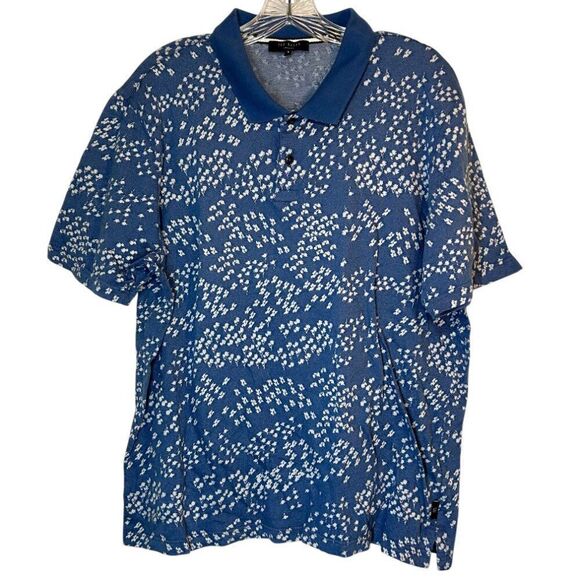 TED BAKER MENS POLO SHIRT SMALL BLUE WHITE FLORAL COLLARED - Picture 1 of 13